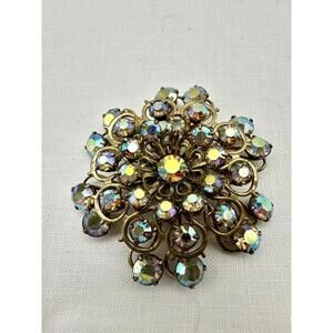 Vintage rhinestone iridescent brooch Gold tone Round- 2 Inches